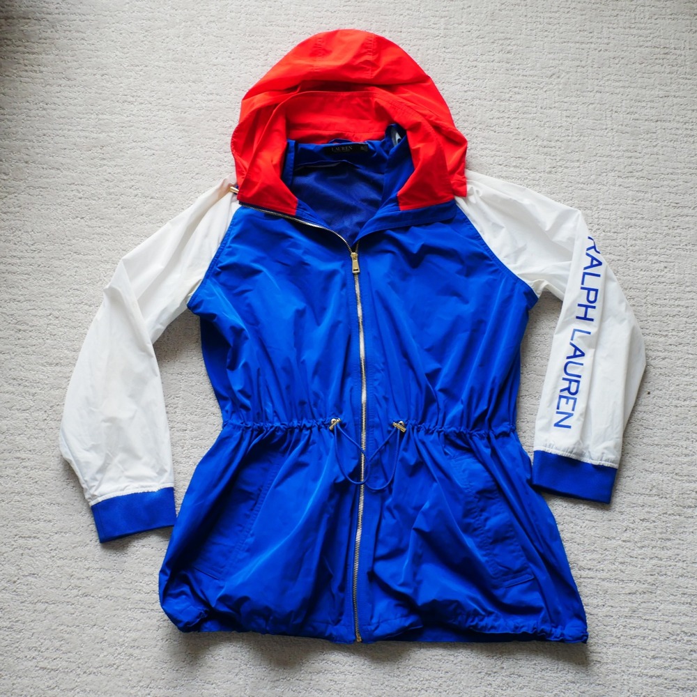 Lauren Ralph Lauren Colorblock Women Windbreaker Jacket Blue Red White Logo Sz L